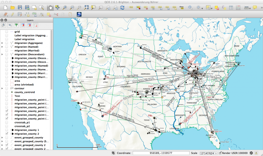 Screenshot of the QGIS project for the emigration map